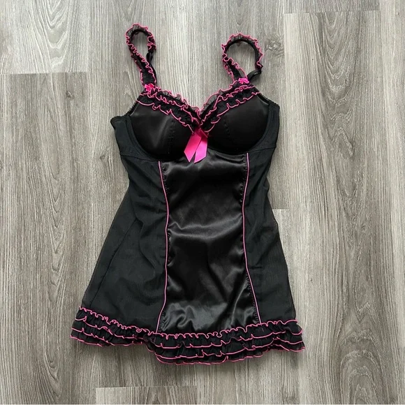 La SENZA Black Slip Dress with Pink Lace Trim - Picture 1 of 3